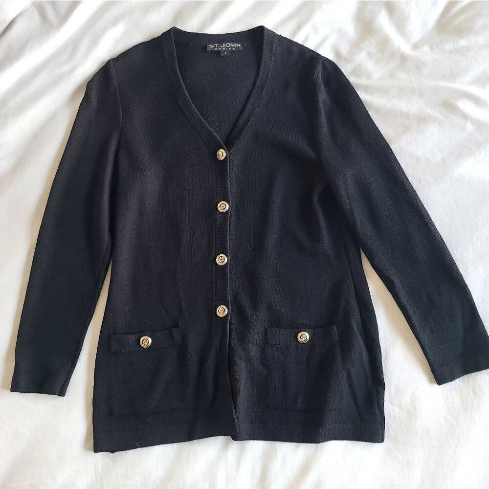 St. John Cardigan Sweater Womens 4 Black‎ Knit Button Front Long Sleeve Pockets